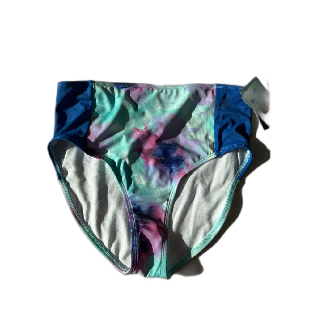 NWT DSG Girls High Waist Swim Bottom Inky Overdye Cool Blue Tie Dye Size Medium